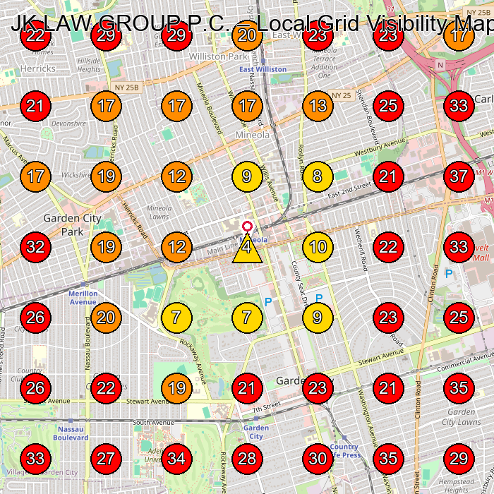 JK LAW GROUP P.C. GeoGrid visibility map for Legal Services in Garden City